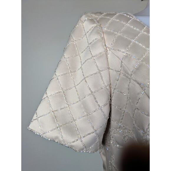 Karen Miller Cream Satin Beaded Short Sleeve Formal Event Maxi Dress Size 10 - Picture 9 of 11